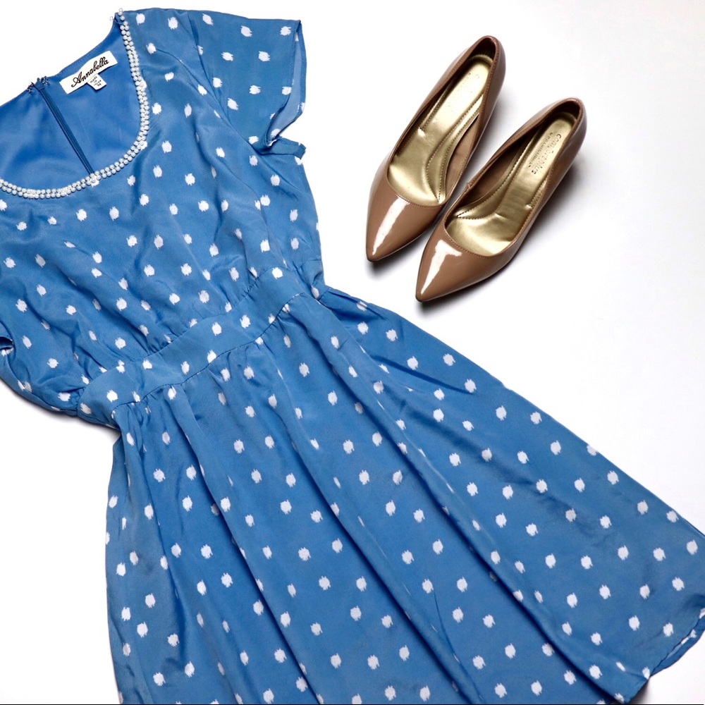 ANNABELLA Blue Polka Dot Pearl Neckline Dress